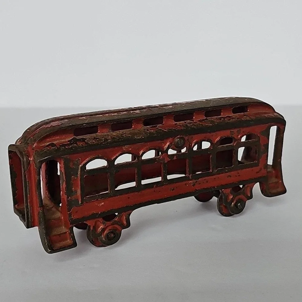 Vintage Cast Iron Red Trolley Car Toy Metal 1829